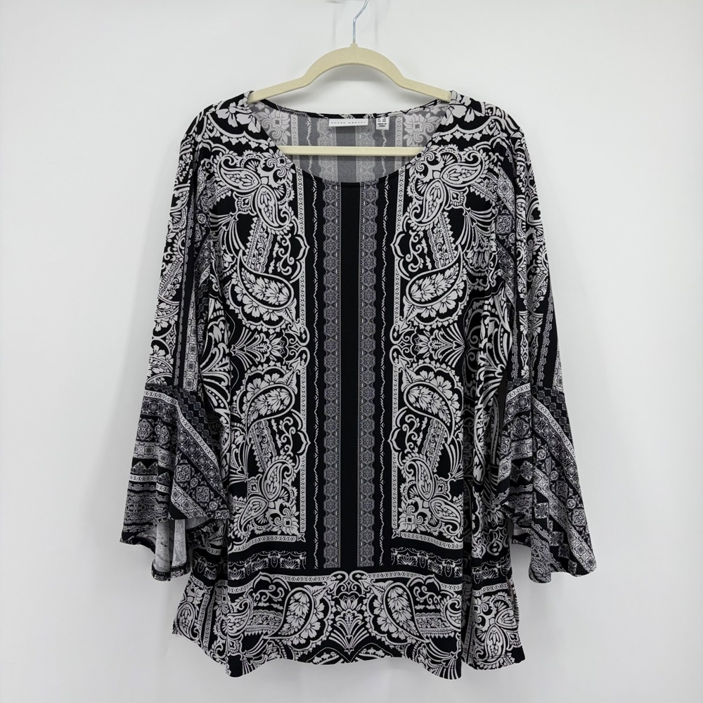 Susan Graver Womens 1X Black Paisley Tunic Bell Sleeve Scoop Neck Blouse
